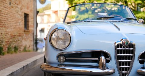 Baby Blue Alfa Romeo Milano with tree in background