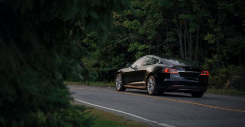 Black Tesla Electric Vehicle Parked driving in country roads and trees