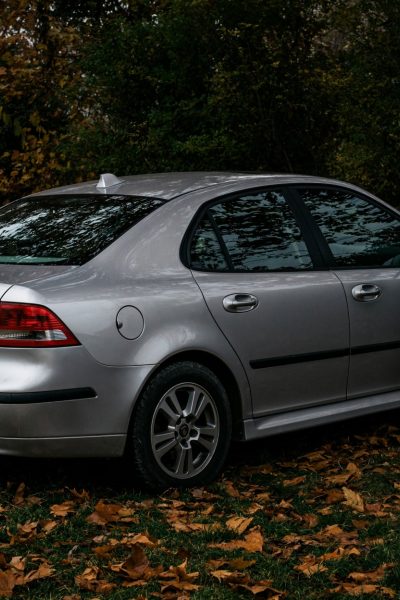 Silver Saab without registration plate